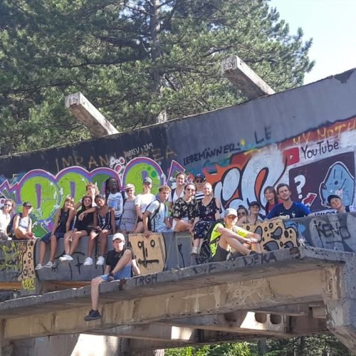 Tourists at Meeting of Cultures on Sarajevo free tour