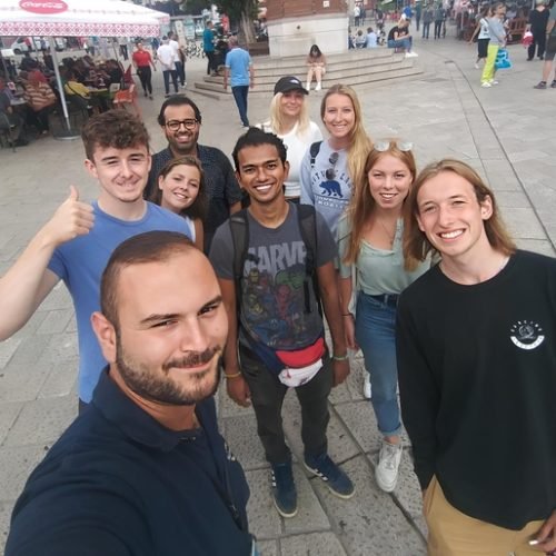 Local guide leading free walking tour in Sarajevo city center